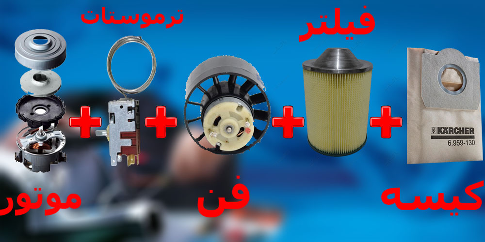 موتور، ترموستات، فن، فیلتر و کیسه جارو برقی که اجزای مختلف جارو برقی به حساب می آیند