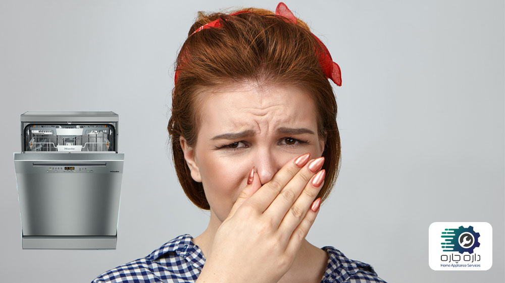 یک خانم که به خاطر بوی بد ماشین ظرفشویی ویرپول دماغش را گرفته است