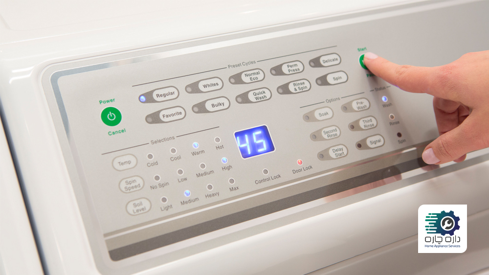 یک نفر در حال فشردن دکمه ی Start برای شروع عملیات شستشو در ماشین لباسشویی پاناسونیک