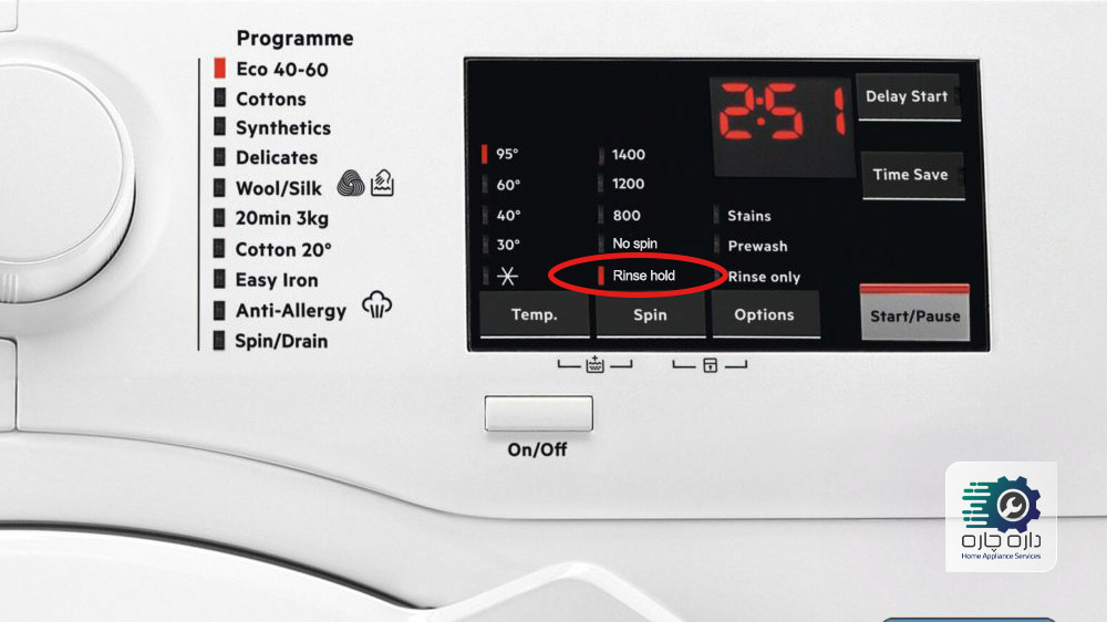عملکرد Rinse hold در ماشین لباسشویی آاگ فعال است و با بیضی قرمز نشان داده شده.
