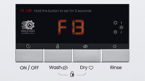 صفحه نمایش ماشین لباسشویی ایندزیت کد ارور F13 را نمایش می دهد