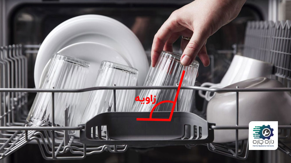 یک نفر در حال چیدن لیوان در قفسه بالایی ماشین ظرفشویی به صورت وارونه و با کمی زاویه