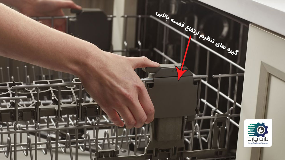 شخصی در حال فشار دادن گیره تنظیم ارتفاع قفسه بالایی ماشین ظرفشویی