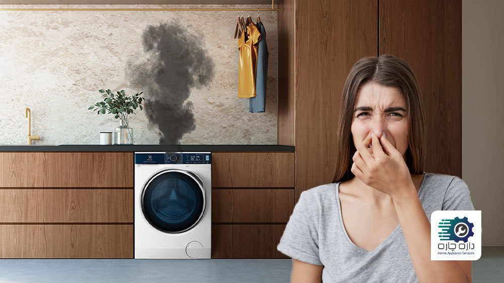 یک خانم که از ماشین لباسشویی الکترولوکس احساس بوی سوختگی می کند بینید خود را گرفته