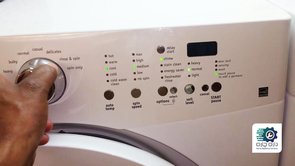 یک نفر در حال چرخاندن انتخابگر برنامه در ماشین لباسشویی فریجیدر که نمایشگر آن کار نمی کند