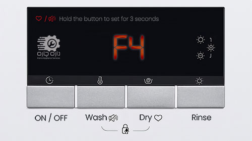 نمایشگر ماشین لباسشویی هایر کد ارور F4 را نشان می دهد.