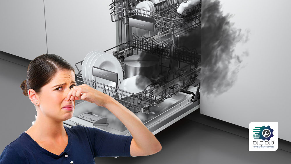یک نفر به دلیل بوی سوختگی ماشین ظرفشویی گگنو بینی خود را گرفته