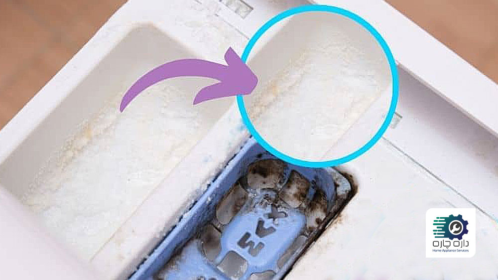 در کشوی شوینده ماشین لباسشویی گگنو مقداری مواد شوینده باقی مانده است.