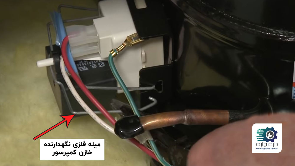 یک نفر در حال آزاد کردن میله فلزی نگهدارنده خازن کمپرسور یخچال فریزر ساید بای ساید کنمور