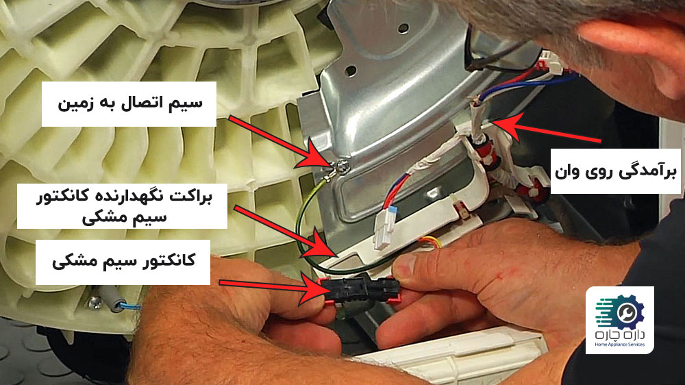 یک نفر در حال وصل کردن کانکتور سیم مشکی وان ماشین لباسشویی سامسونگ