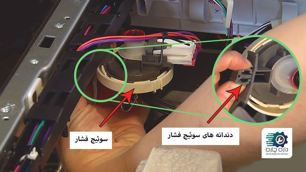 یک نفر در حال بیرون آوردن سوئیچ فشار ماشین لباسشویی سامسونگ