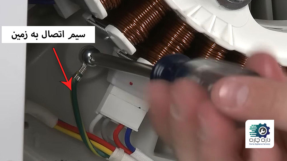 شخصی در حال باز کردن سیم اتصال به زمین استاتور ماشین لباسشویی ال جی به کمک پیچ گوشتی چهار سو