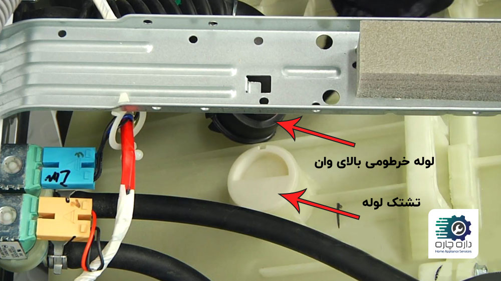 لوله خرطومی بالای وان ماشین لباسشویی سامسونگ و تشتک آن