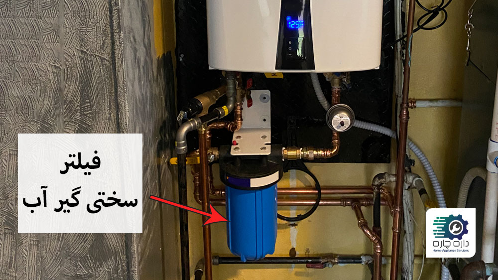 فیلتر سختی گیر آب روی پکیج آب گرم کن نصب شده است.