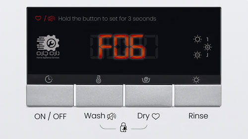 صفحه نمایش ماشین لباسشویی آبسال که ارور F06 را نمایش می دهد.