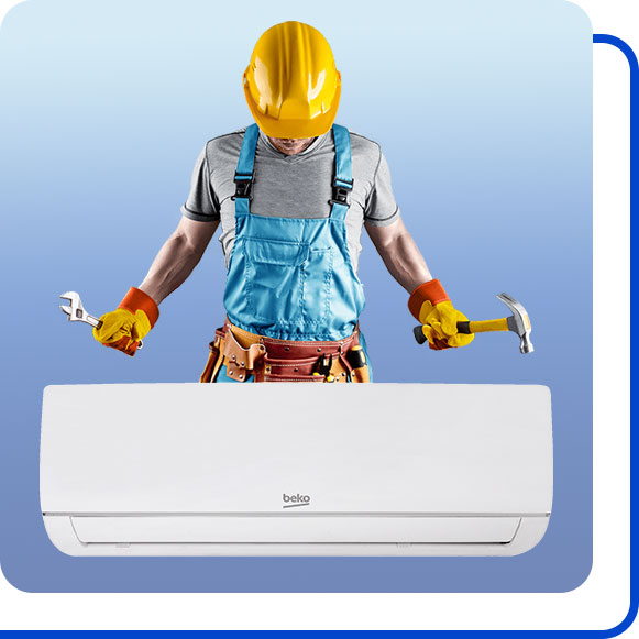 repairing-beko-air-conditioner تعمیرکار در کنار کولر گازی بکو ایستاده است