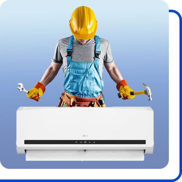 repairing-lg-air-conditioner تعمیرکار در کنار کولر گازی ال جی ایستاده است