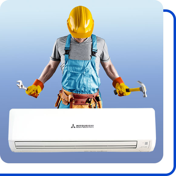 mitsubishi-repairing-air-conditioner تعمیرکار در کنار کولر گازی میتسوبیشی ایستاده است