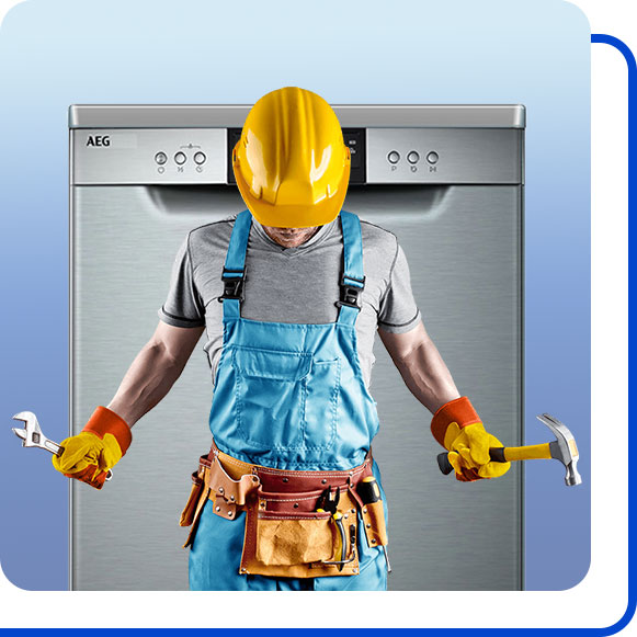 repairing-aeg-dishwasher-machine تعمیرکار در کنار ماشین ظرفشویی آاگ ایستاده است