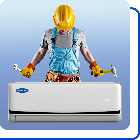 repairing-general-max-air-conditioner تعمیرکار در کنار کولر گازی جنرال مکس ایستاده است