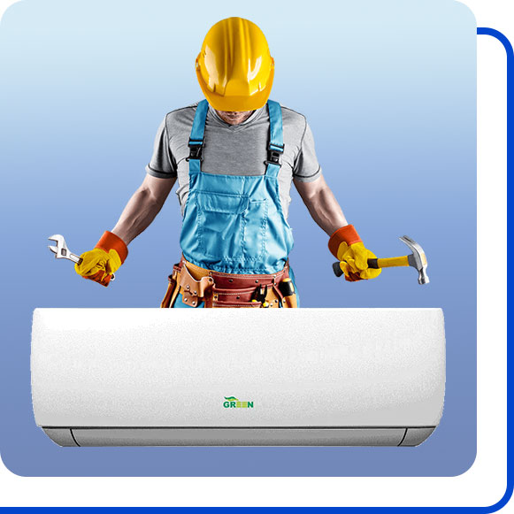 repairing-green-air-conditioner تعمیرکار در کنار کولر گازی گرین ایستاده است