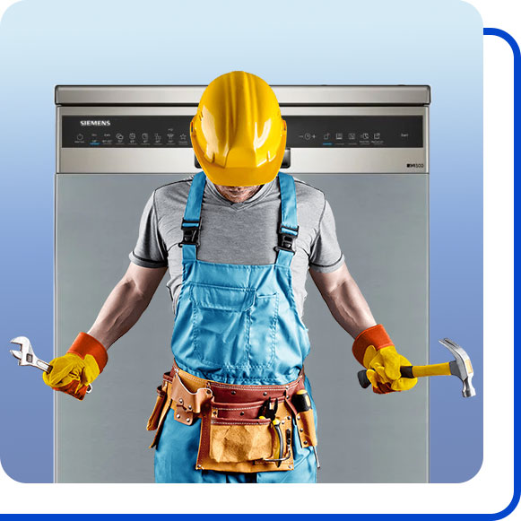 تعمیرکار در کنار ماشین ظرفشویی زیمنس ایستاده است