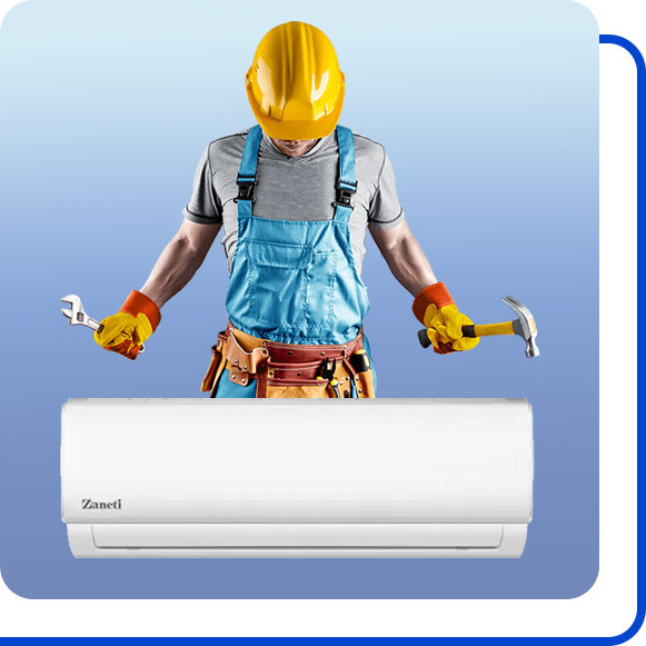 repairing-zaneti-air-conditioner تعمیرکار در کنار کولر گازی زانتی ایستاده است