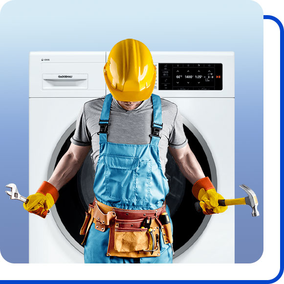 repairing-gaggenau-washing-machine تعمیرکار در کنار ماشین لباسشویی گگنو ایستاده است