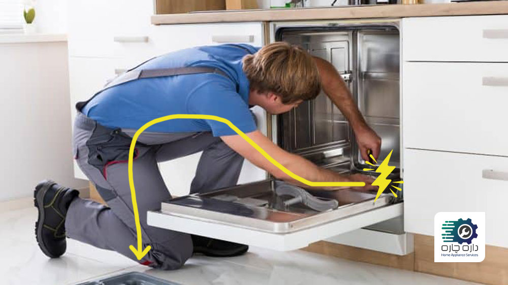 یک نفر دستش را به فلز ماشین ظرفشویی زده و برق از ظرفشویی از طریق بدن فرد به زمین انتقال یافته