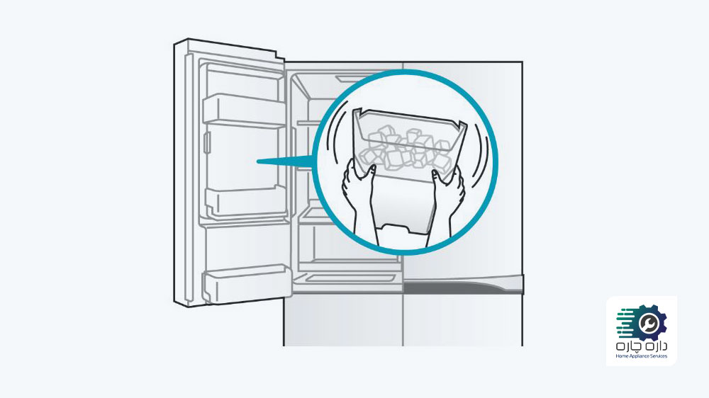 شخصی در حال تکان دادن سطل یخ یخساز یخچال فریزر ال جی