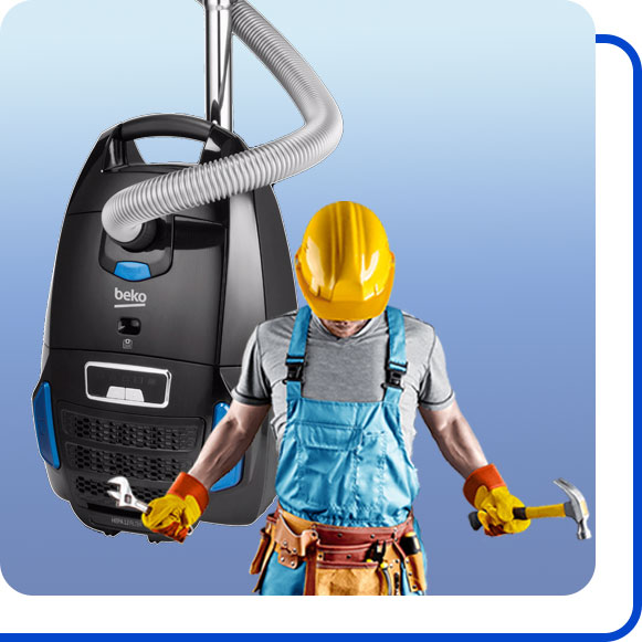 repairing-beko-vacuum-cleaner تعمیرکار در کنار جاروبرقی بکو ایستاده است