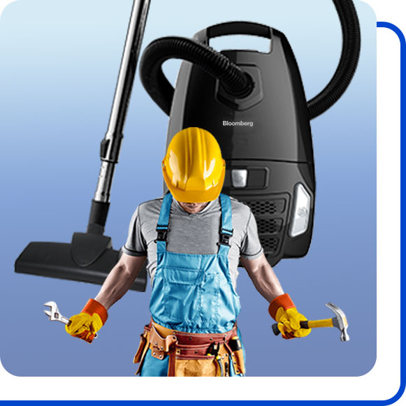 repairing-bloomberg-vacuum-cleaner تعمیرکار در کنار جاروبرقی بلومبرگ ایستاده است