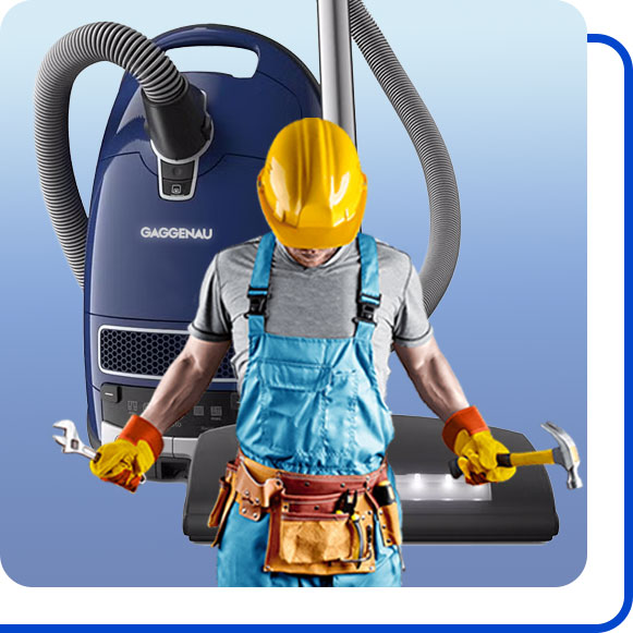 repairing-gaggenau-vacuum-cleaner تعمیرکار در کنار جاروبرقی گگنو ایستاده است