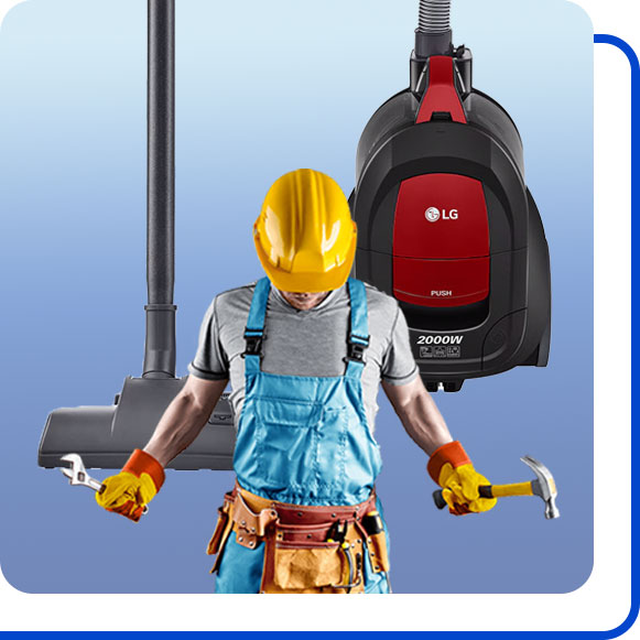 repairing-lg-vacuum-cleaner تعمیرکار در کنار جاروبرقی ال جی ایستاده است