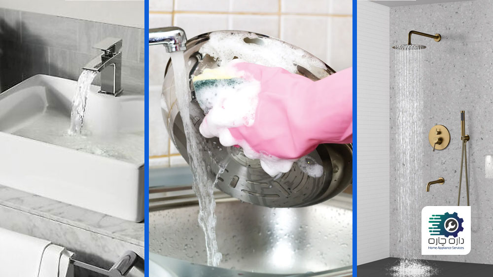 دوش باز است، یک نفر در حال شستن ظروف، شیر سینک باز است